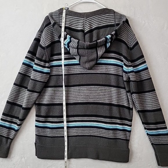 Retrofit Men's Knit Hoodie Hooded Sweater Size Large Gray Blue Striped FLAWED - Picture 8 of 13